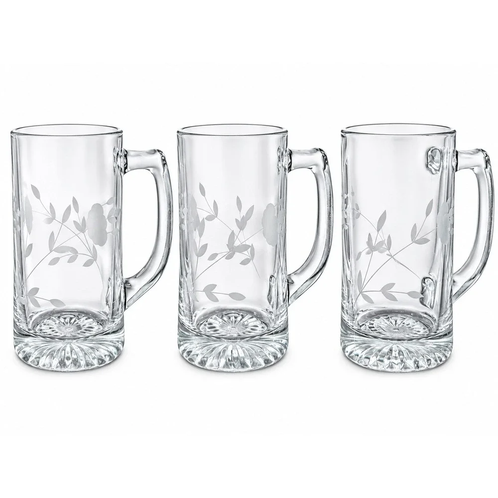 Princess House Heritage Etched Glass Beer Mugs Set of 3 Floral Pattern Steins